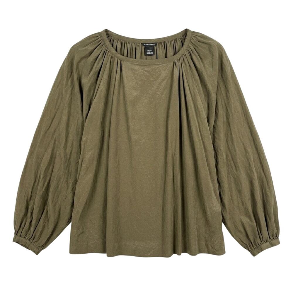 Club Monaco 100% Silk Blouse XS Olive Green Pleated Peasant Top Long Puff Sleeve